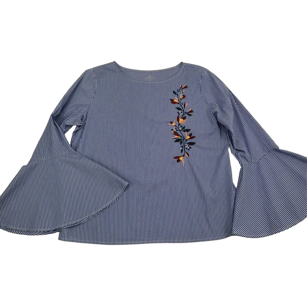 St Johns Bay Top Blue White Pinstripe Floral Embroidery Womens PL Boho Coastal